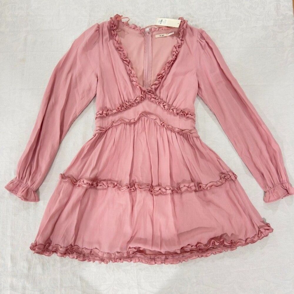 Mi Ami Francesca's Pink Ruffle Tiered Mini Dress V-Neck Long Sleeve Large NWT